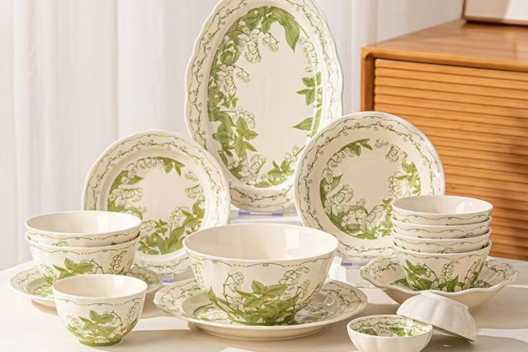 Green floral ceramic crockery dinner sets for home dining