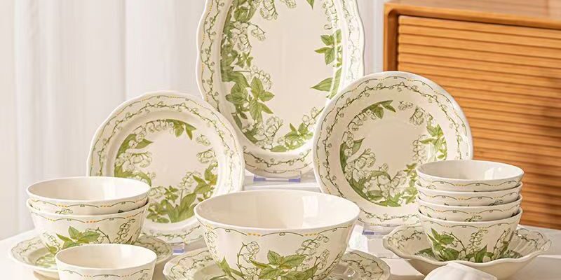 Green floral ceramic crockery dinner sets for home dining