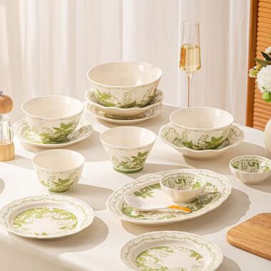 Green floral ceramic crockery dinner sets for home dining