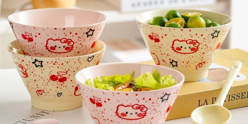 Hand painted underglaze cute cat ceramic crockery bowls