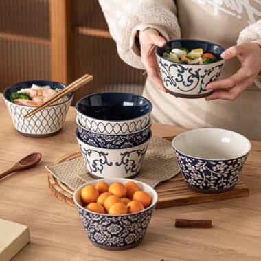 Japanese vintage underglaze ceramic crockery footed noodle bowls