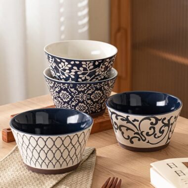 Japanese vintage underglaze ceramic crockery footed noodle bowls