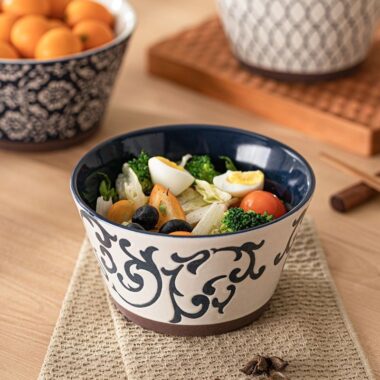 Japanese vintage underglaze ceramic crockery footed noodle bowls