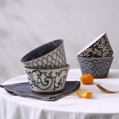 Japanese vintage underglaze ceramic crockery footed noodle bowls