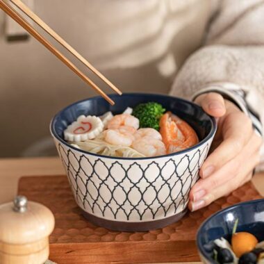 Japanese vintage underglaze ceramic crockery footed noodle bowls