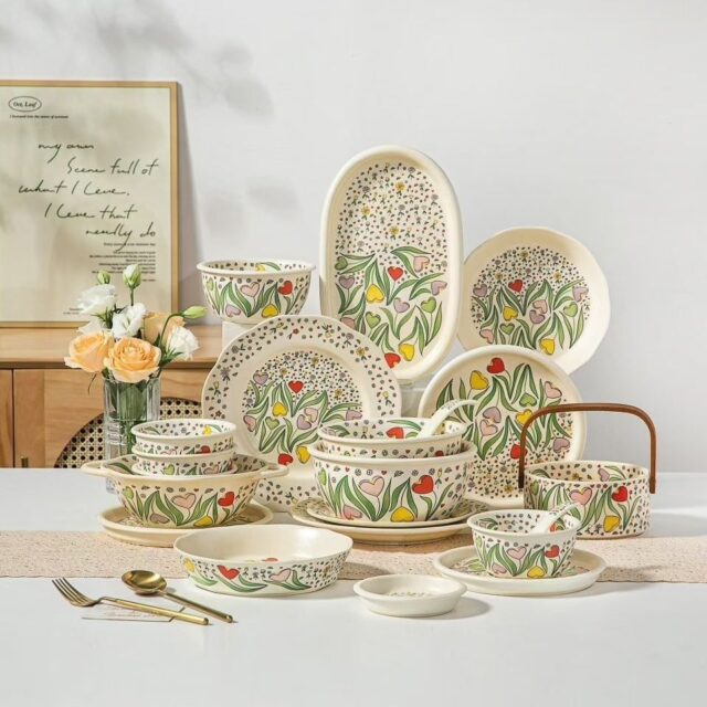Pearl glaze floral ceramic crockery dinner sets for home dining