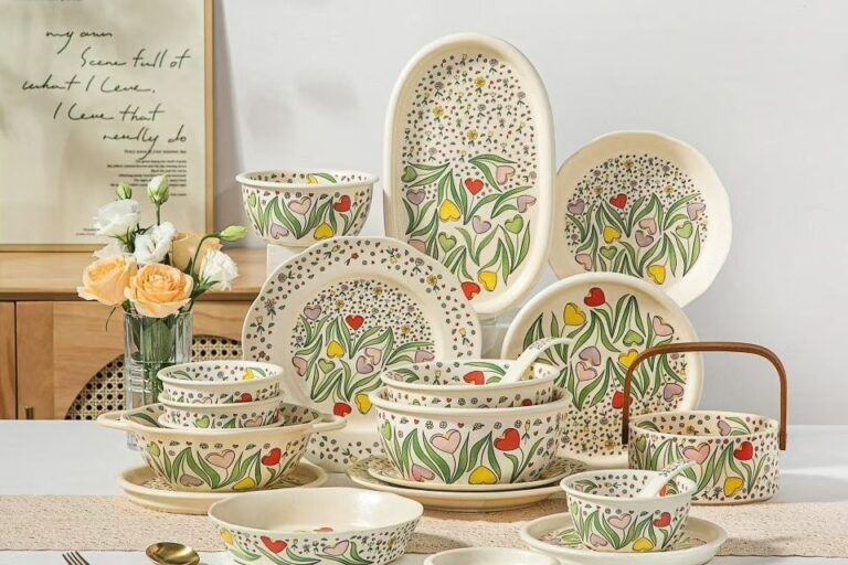 Pearl glaze floral ceramic crockery dinner sets for home dining