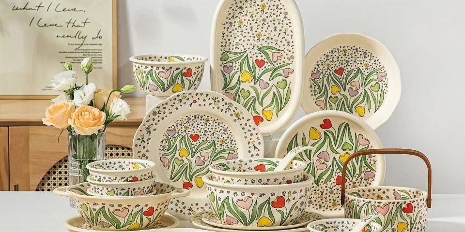 Pearl glaze floral ceramic crockery dinner sets for home dining