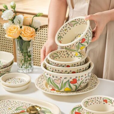 Pearl glaze floral ceramic crockery dinner sets for home dining