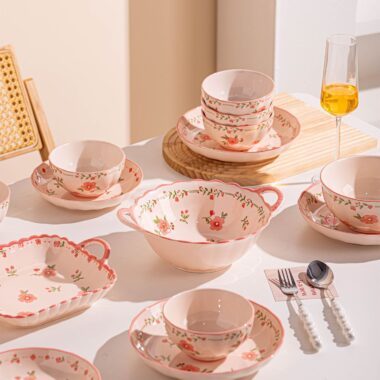 Pink underglaze peach blossom ceramic crockery dinner sets