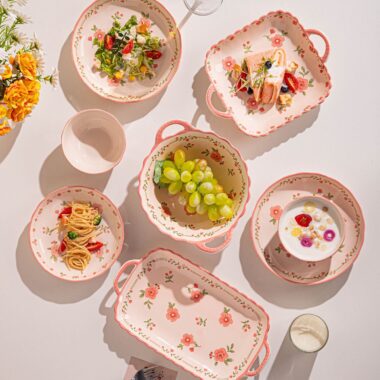 Pink underglaze peach blossom ceramic crockery dinner sets