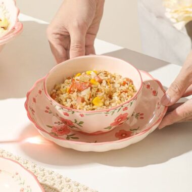 Pink underglaze peach blossom ceramic crockery dinner sets