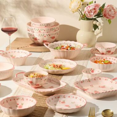 Pink underglaze peach blossom ceramic crockery dinner sets