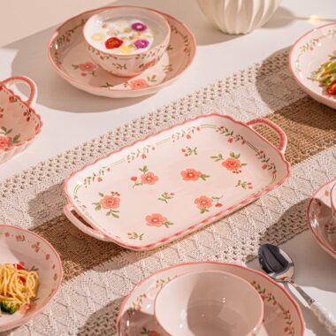 Pink underglaze peach blossom ceramic crockery dinner sets