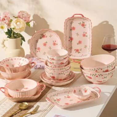 Pink underglaze peach blossom ceramic crockery dinner sets