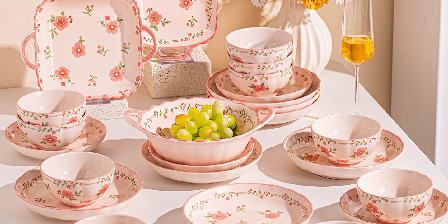 Pink underglaze peach blossom ceramic crockery dinner sets