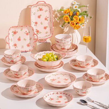 Pink underglaze peach blossom ceramic crockery dinner sets