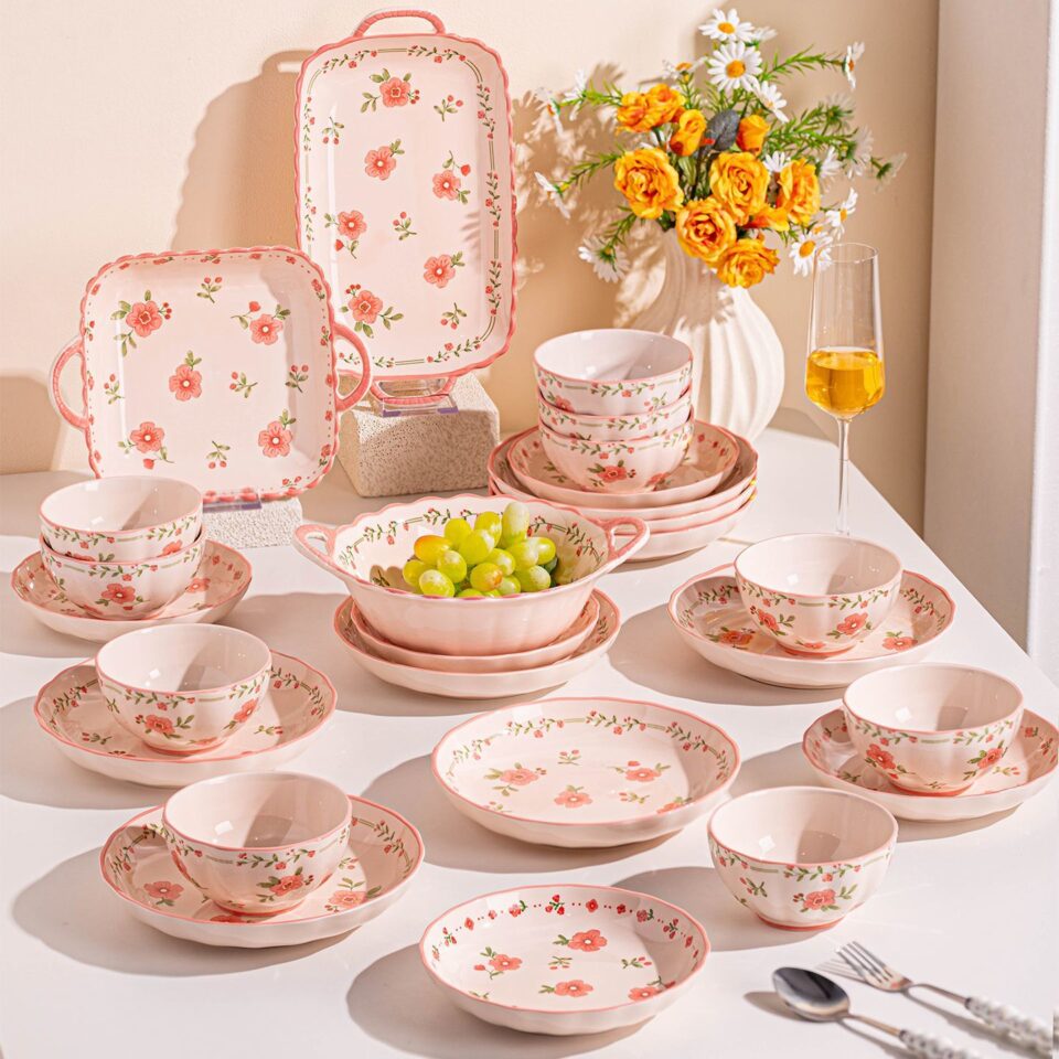 Pink underglaze peach blossom ceramic crockery dinner sets