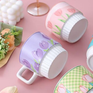 Cute tulip pattern ceramic crockery mugs for home use