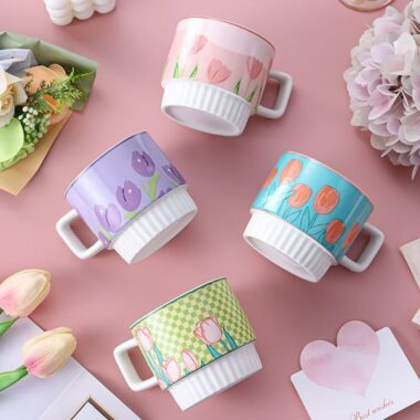 Cute tulip pattern ceramic crockery mugs for home use