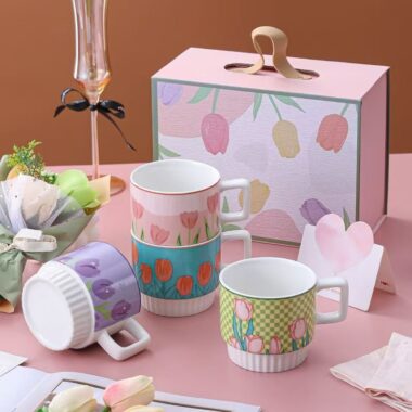 Cute tulip pattern ceramic crockery mugs for home use
