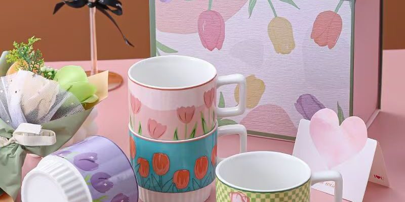 Cute tulip pattern ceramic crockery mugs for home use