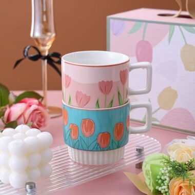 Cute tulip pattern ceramic crockery mugs for home use