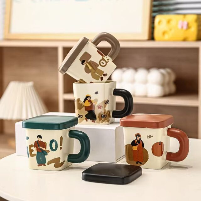 Vintage cartoon couple ceramic crockery mugs for daily use