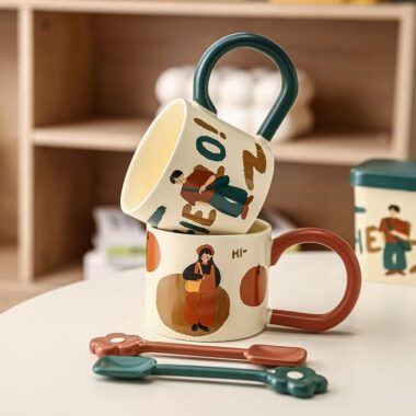 Vintage cartoon couple ceramic crockery mugs for daily use