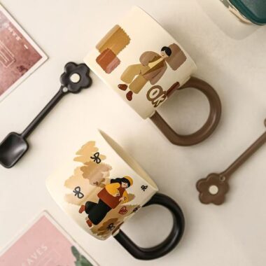 Vintage cartoon couple ceramic crockery mugs for daily use