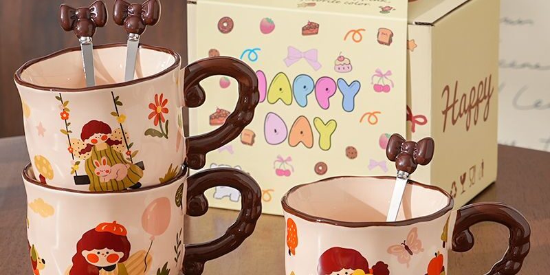 Vintage cute girl ceramic crockery mugs for home and office