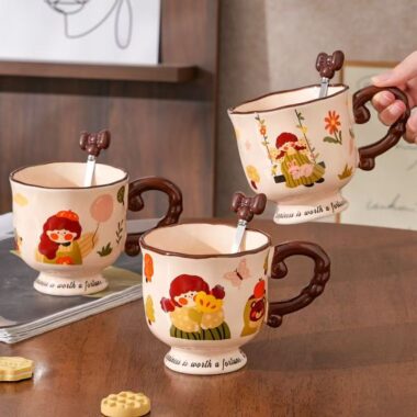 Vintage cute girl ceramic crockery mugs for home and office