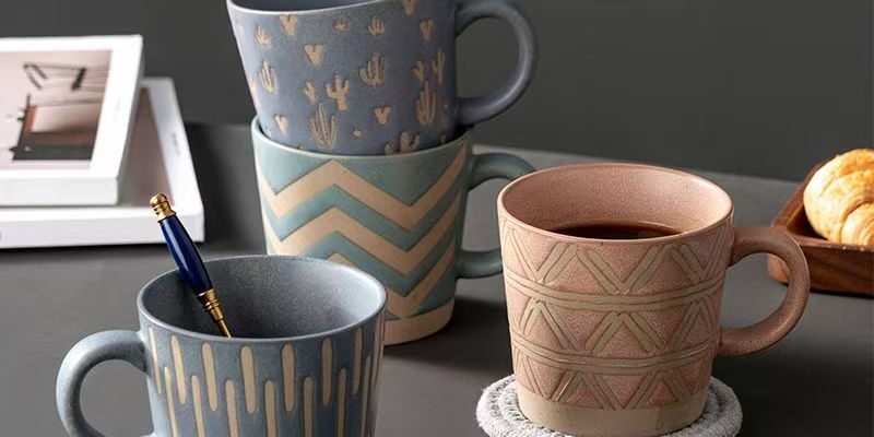 Vintage stoneware ceramic crockery mugs for office use