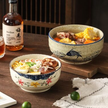 Vintage large thick ceramic crockery soup and noodle bowls