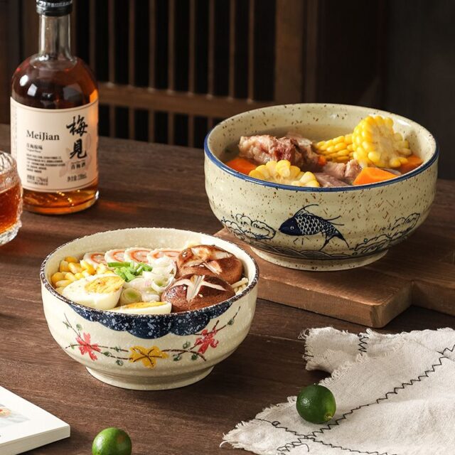 Vintage large thick ceramic crockery soup and noodle bowls