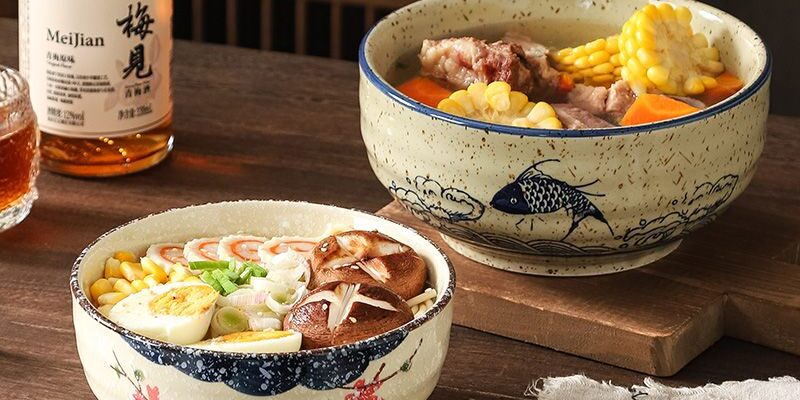 Vintage large thick ceramic crockery soup and noodle bowls