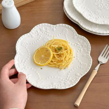 White embossed floral ceramic crockery pasta plates
