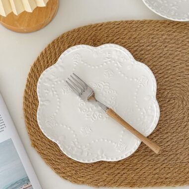 White embossed floral ceramic crockery pasta plates