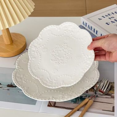 White embossed floral ceramic crockery pasta plates