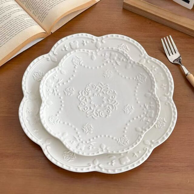 White embossed floral ceramic crockery pasta plates