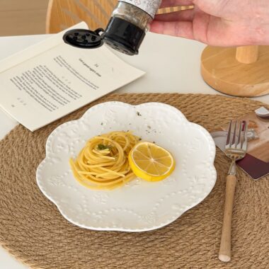 White embossed floral ceramic crockery pasta plates