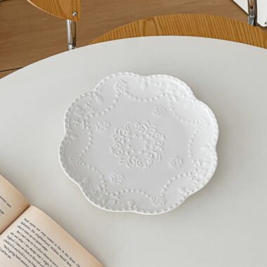 White embossed floral ceramic crockery pasta plates