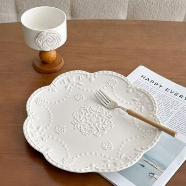 White embossed floral ceramic crockery pasta plates