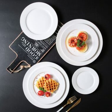 Pure white ribbed ceramic crockery pasta plates for home