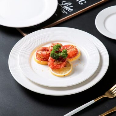 Pure white ribbed ceramic crockery pasta plates for home