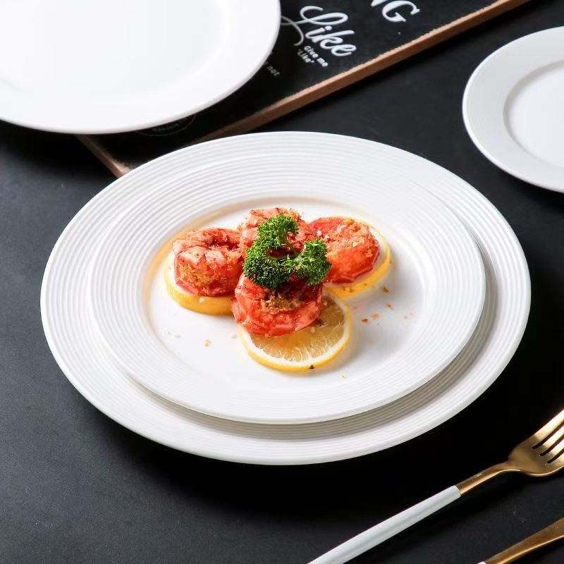 Pure white ribbed ceramic crockery pasta plates for home