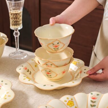 Yellow cream floral ceramic crockery dinner sets for home