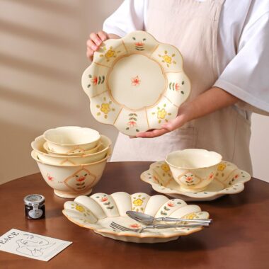 Yellow cream floral ceramic crockery dinner sets for home