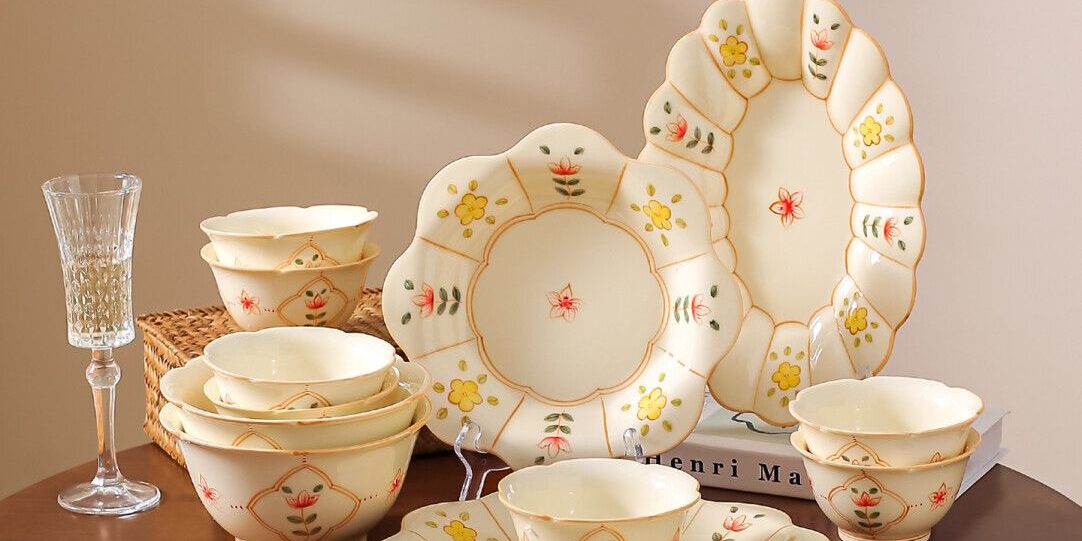 Yellow cream floral ceramic crockery dinner sets for home