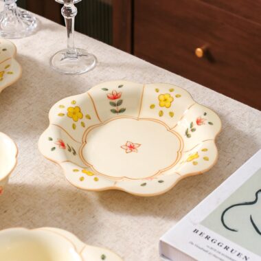Yellow cream floral ceramic crockery dinner sets for home